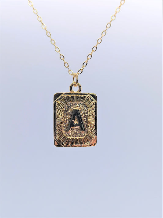 Gold Rectangle Initial Charm Necklace A-Z  A