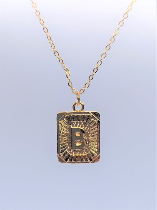 Gold Rectangle Initial Charm Necklace A-Z  B