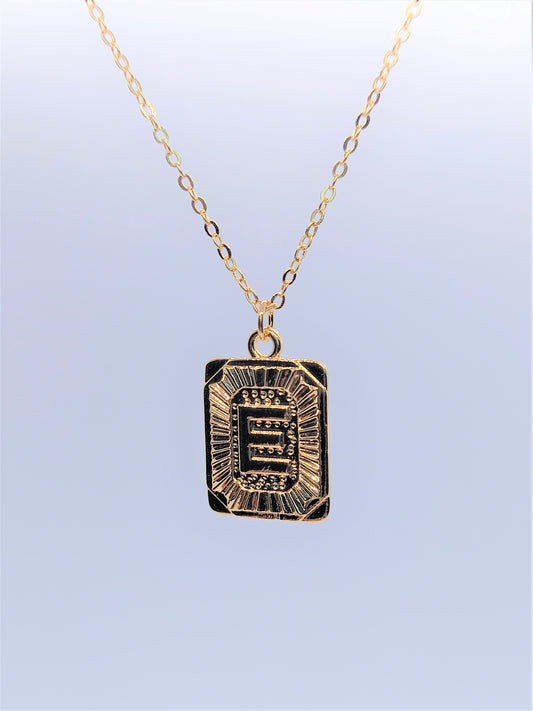 Gold Rectangle Initial Charm Necklace A-Z E