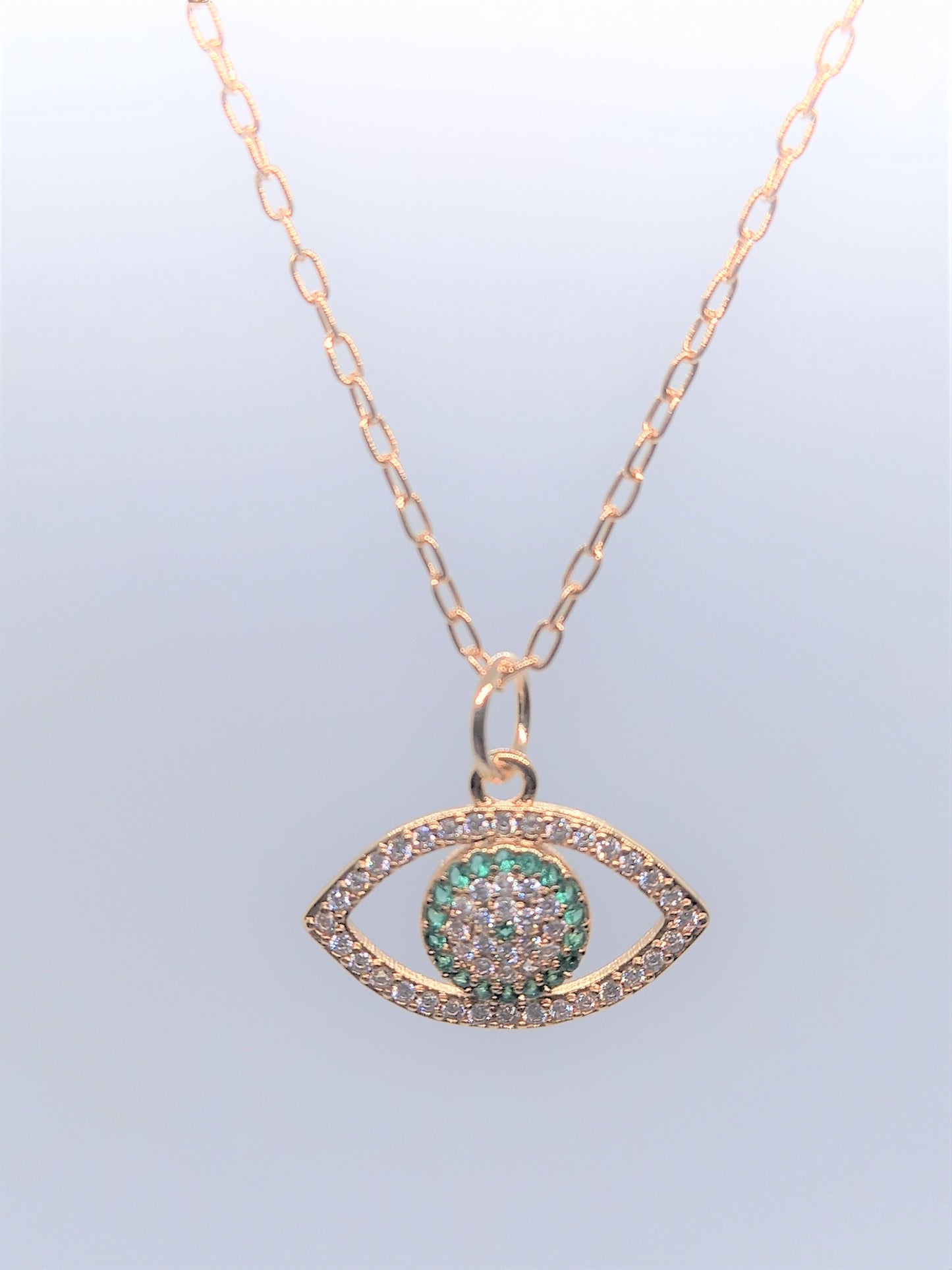 Gold Filled 108 Charm Necklaces -  Green Cubic Zirconia Eye