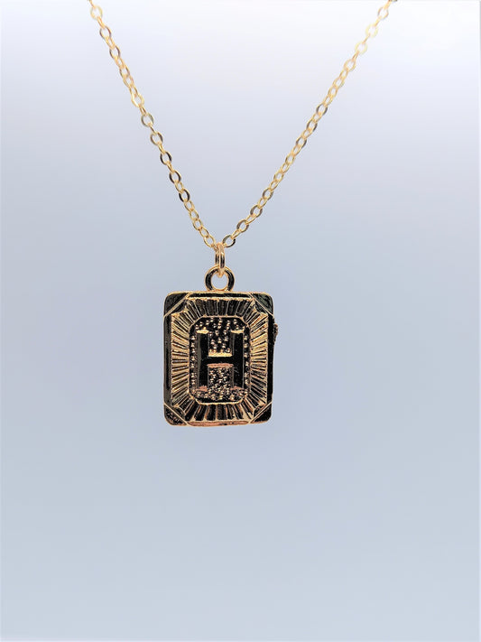 Gold Rectangle Initial Charm Necklace A-Z H