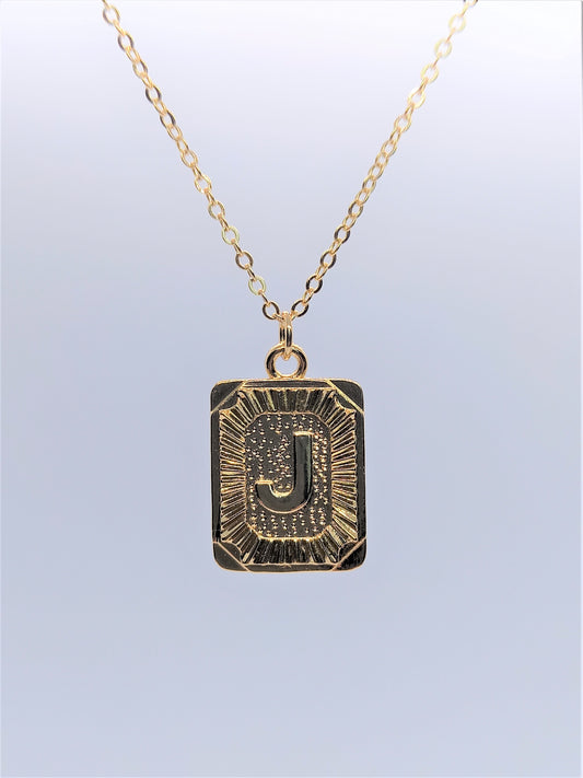 Gold Rectangle Initial Charm Necklace A-Z J