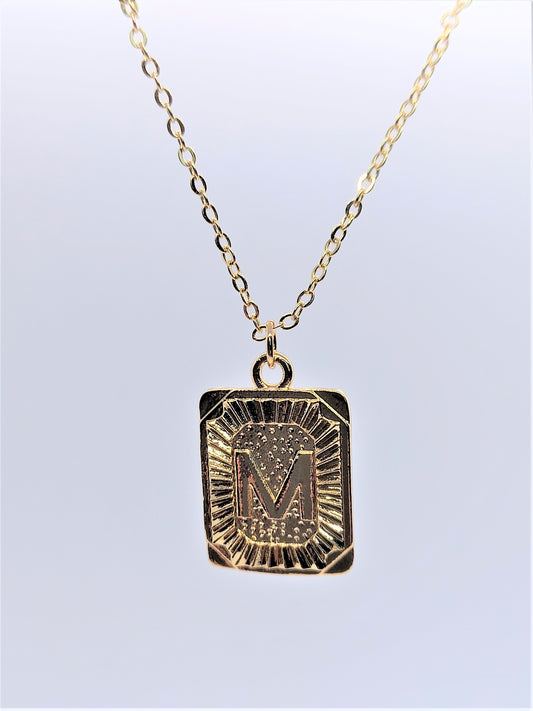 Gold Rectangle Initial Charm Necklace A-Z M