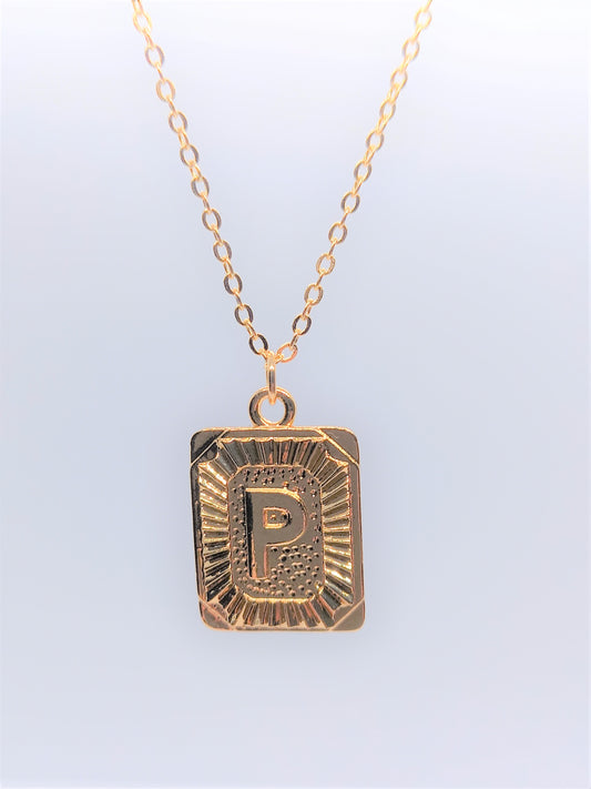 Gold Rectangle Initial Charm Necklace A-Z P