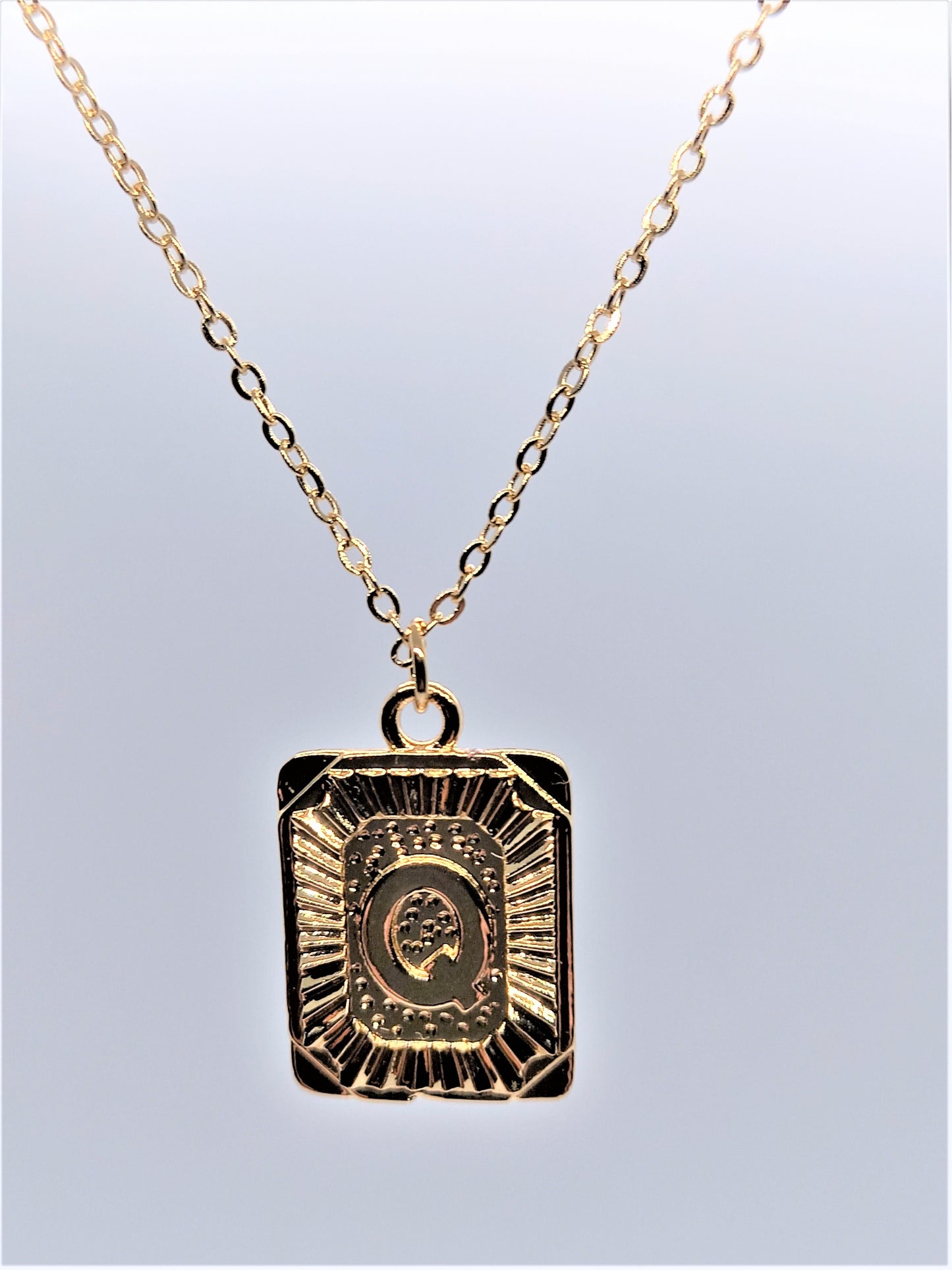 Gold Rectangle Initial Charm Necklace A-Z Q