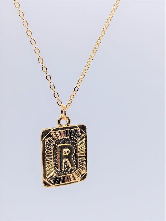 Gold Rectangle Initial Charm Necklace A-Z R