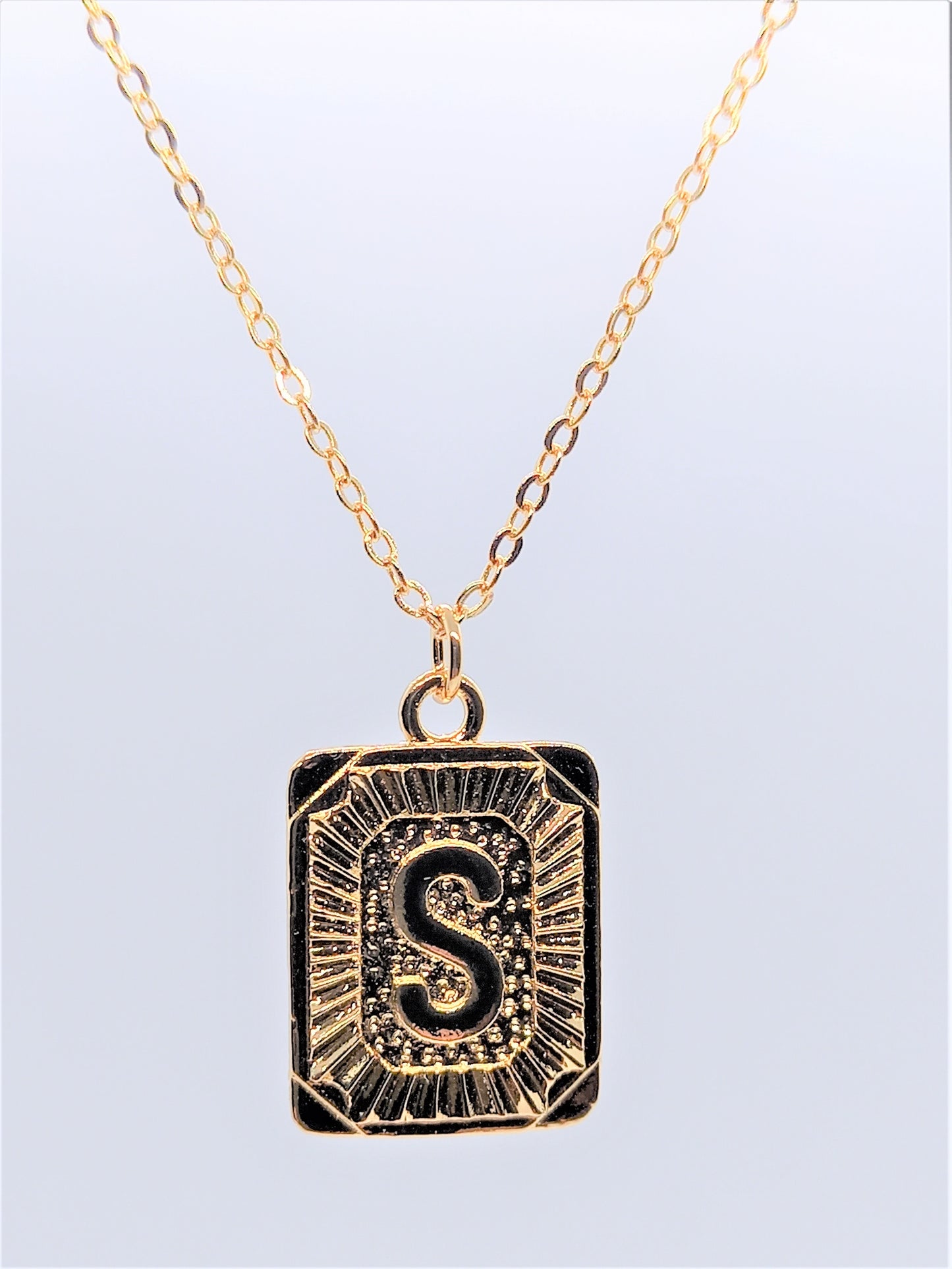 Gold Rectangle Initial Charm Necklace A-Z S