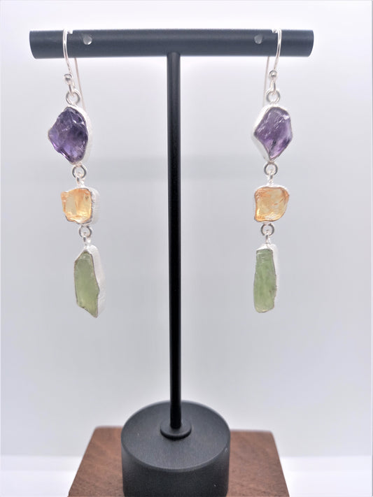 Silver Raw Gemstone Earrings Long - Amethyst Citrine Green Kyanite