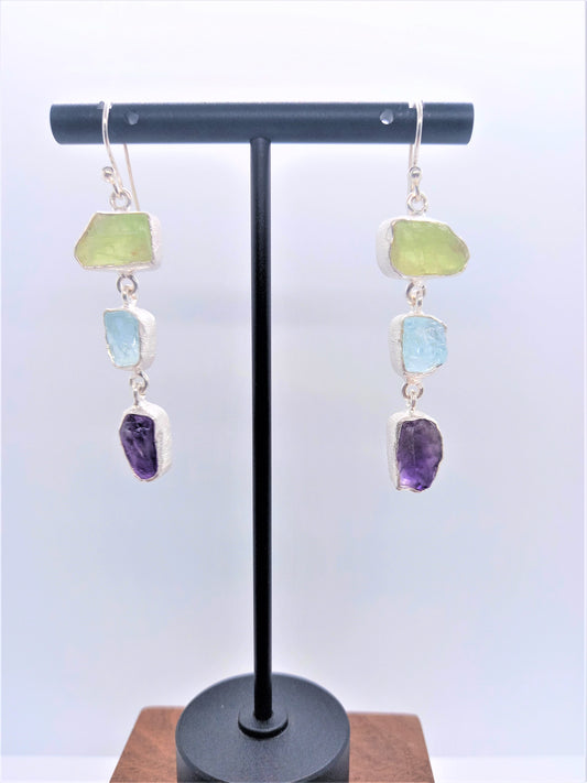 Silver Raw Gemstone Earrings Long - Green Kyanite Aquamarine Amethyst