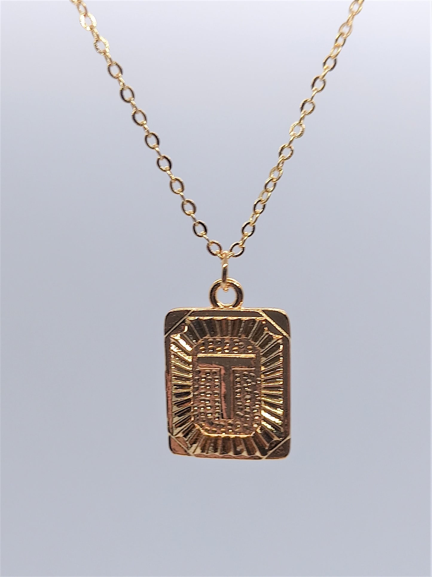 Gold Rectangle Initial Charm Necklace A-Z T