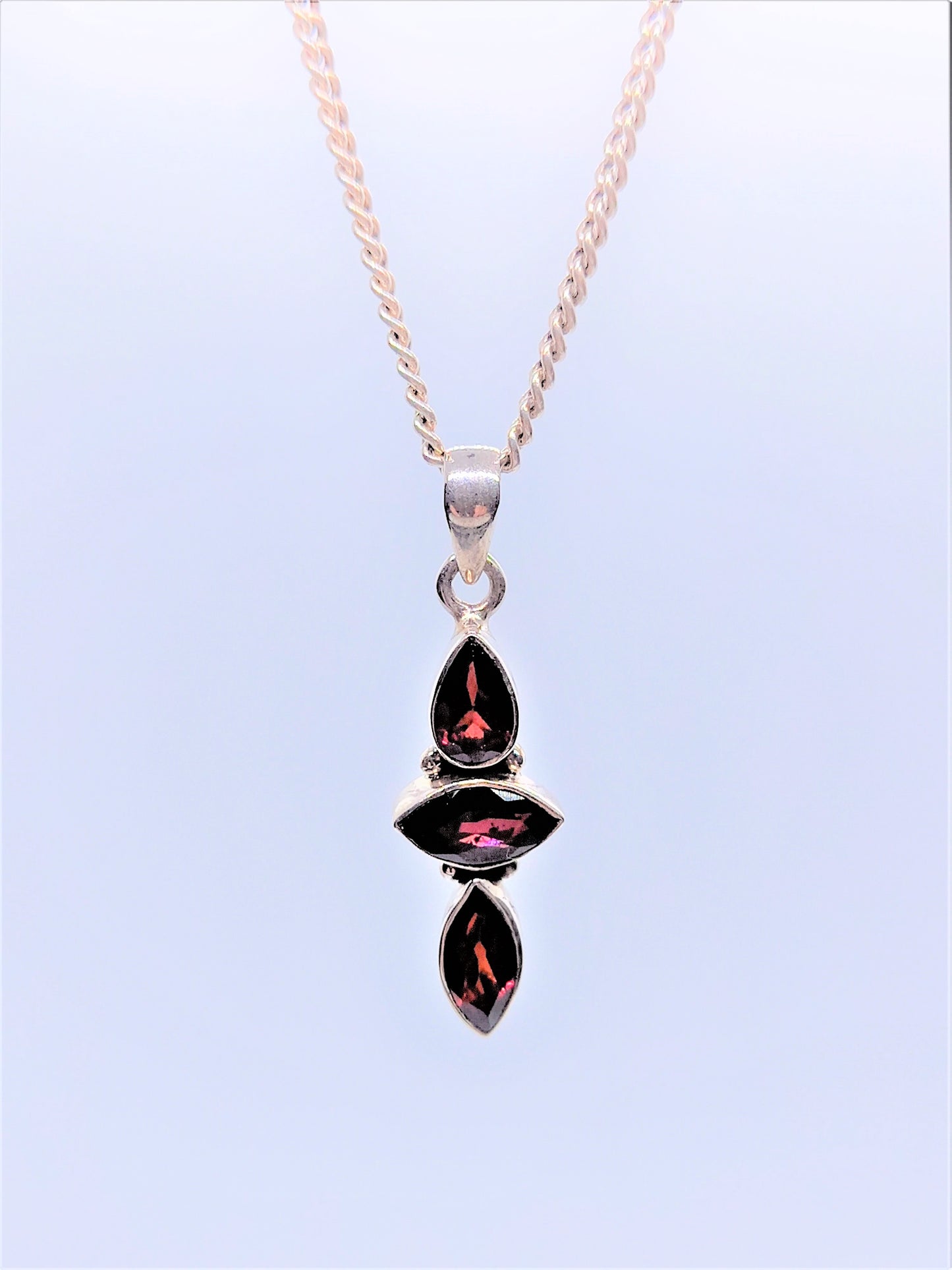 Sterling Silver Necklaces - Triple Garnet Sterling Silver Necklace