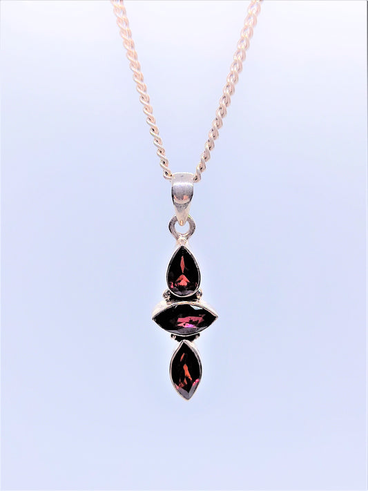 Sterling Silver Necklaces - Triple Garnet Sterling Silver Necklace