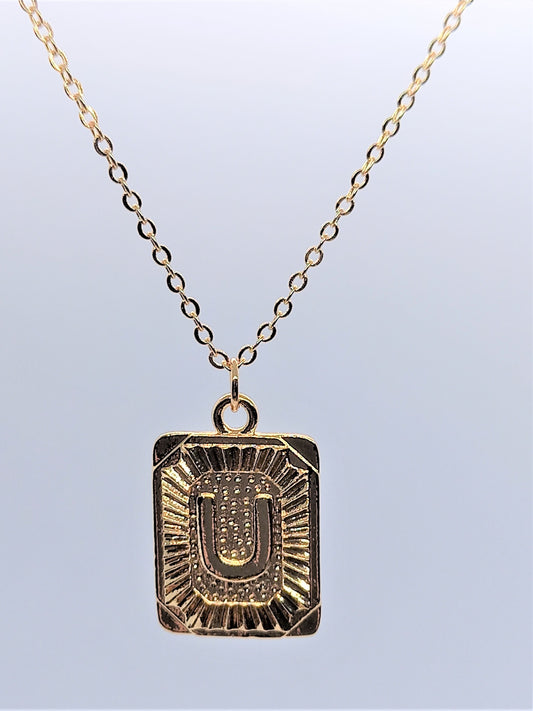 Gold Rectangle Initial Charm Necklace A-Z U