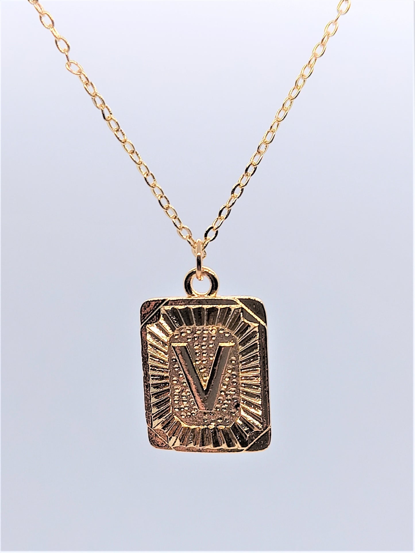 Gold Rectangle Initial Charm Necklace A-Z V