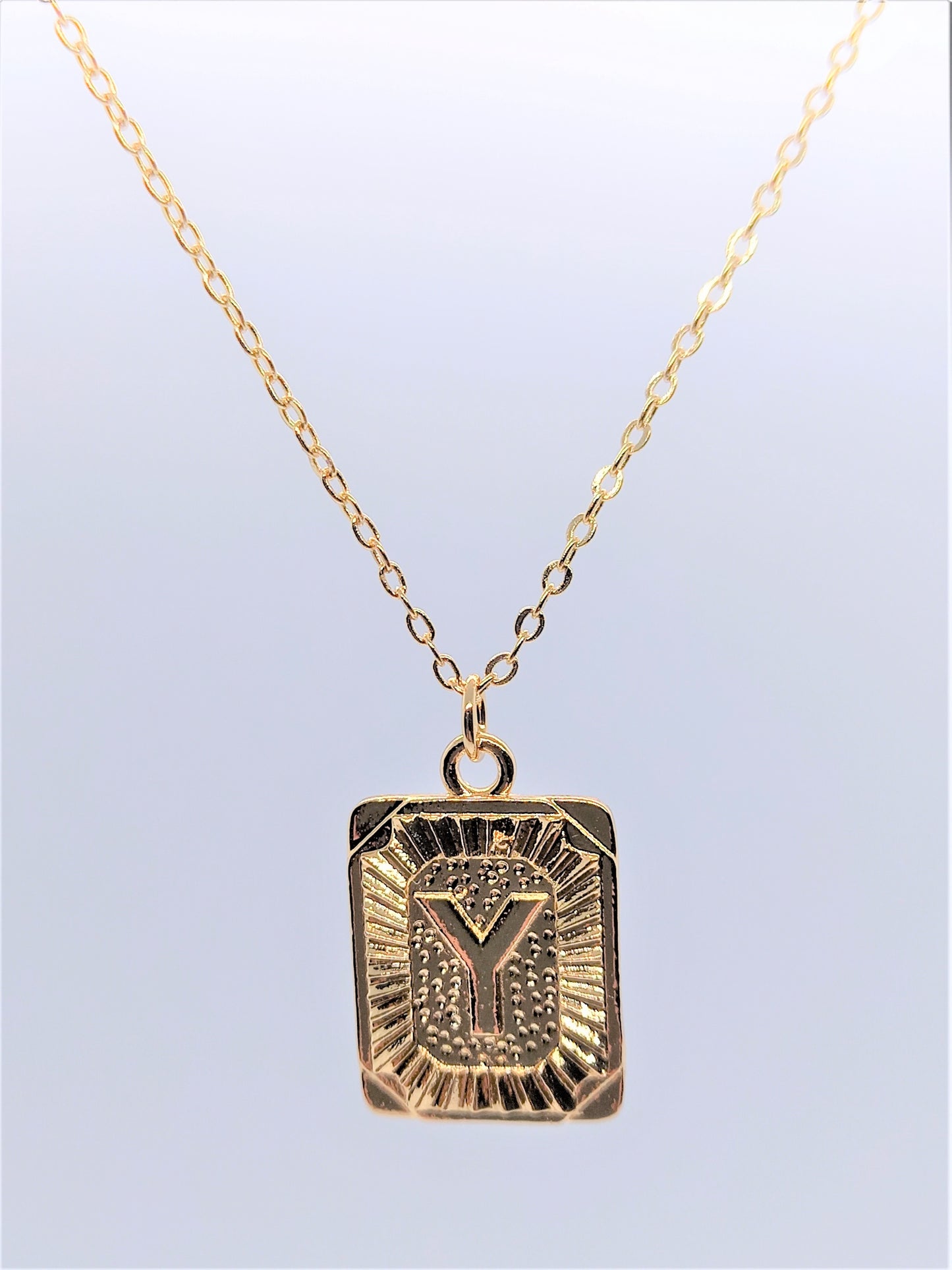 Gold Rectangle Initial Charm Necklace A-Z Y